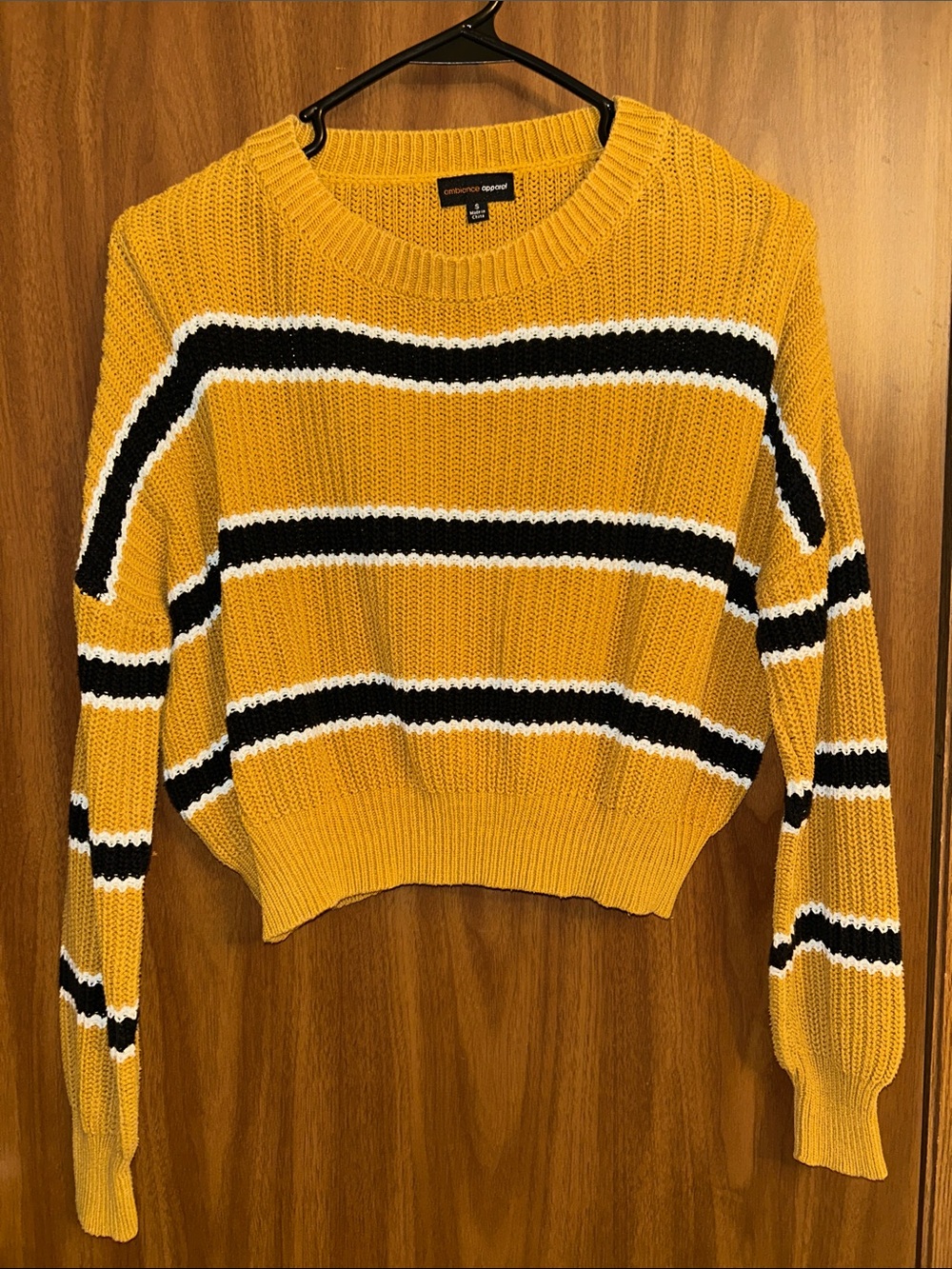 Ambiance Mustard Striped Crewneck Sweater with Black & White Accents